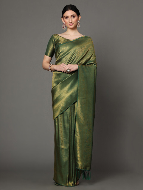 

Ekta Textiles Green & Gold-Toned Woven Design Zari Pure Silk Banarasi Saree