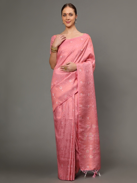 

Ekta Textiles Peach-Coloured & Gold-Toned Ethnic Motifs Zari Pure Silk Banarasi Saree