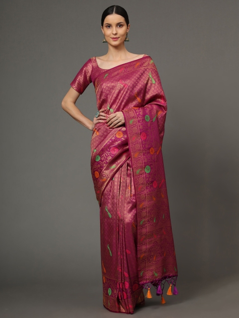 

Ekta Textiles Magenta & Green Floral Zari Pure Silk Banarasi Saree