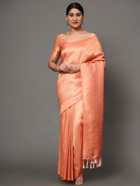 

Ekta Textiles Peach-Coloured & Gold-Toned Woven Design Zari Pure Silk Banarasi Saree