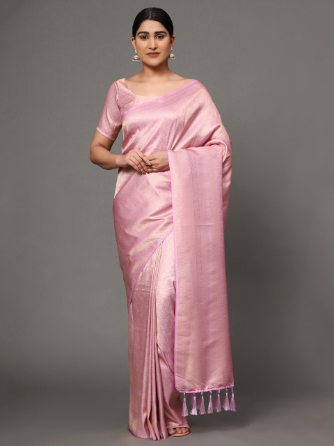 

Ekta Textiles Rose & Gold-Toned Ethnic Motifs Zari Pure Silk Banarasi Saree