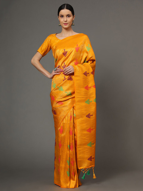 

Ekta Textiles Yellow & Red Ethnic Motifs Zari Pure Silk Banarasi Saree