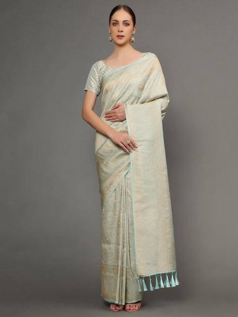 

Ekta Textiles Turquoise Blue & Gold-Toned Ethnic Motifs Zari Pure Silk Banarasi Saree