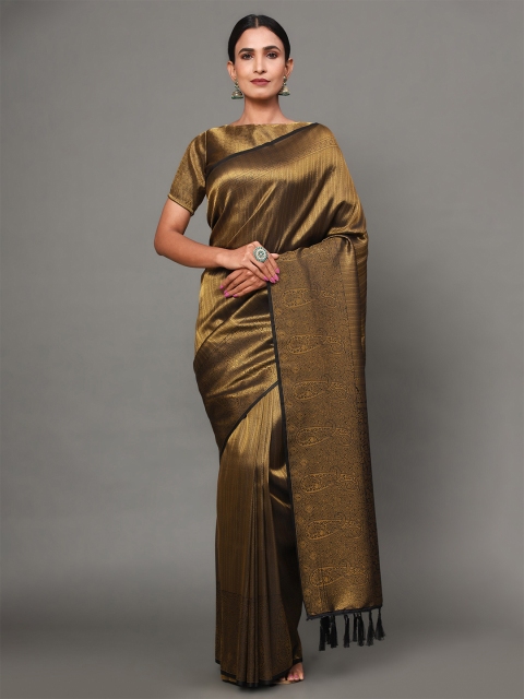 

Ekta Textiles Gold-Toned & Black Paisley Zari Pure Silk Banarasi Saree
