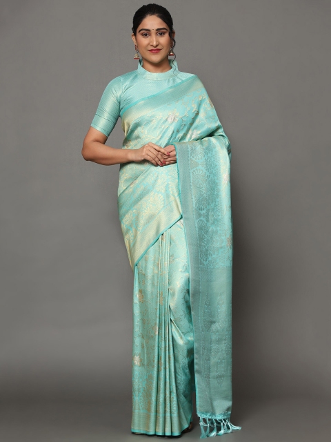 

Ekta Textiles Sea Green & Gold-Toned Floral Zari Pure Silk Banarasi Saree