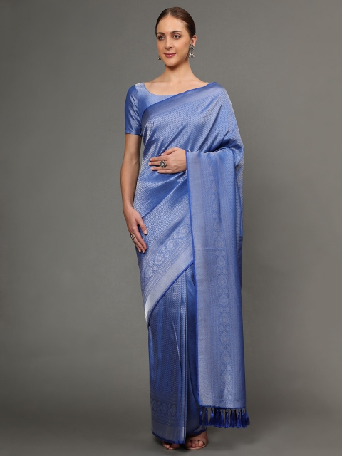 

Ekta Textiles Blue & Silver-Toned Ethnic Motifs Zari Pure Silk Banarasi Saree