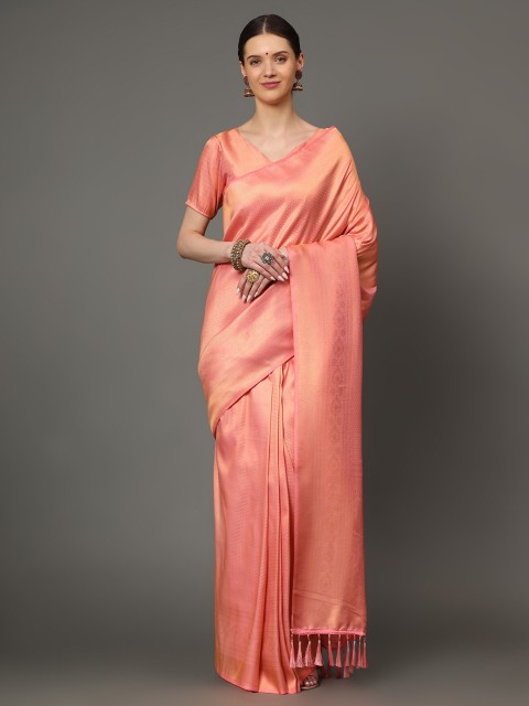 

Ekta Textiles Peach-Coloured & Gold-Toned Ethnic Motifs Zari Pure Silk Banarasi Saree