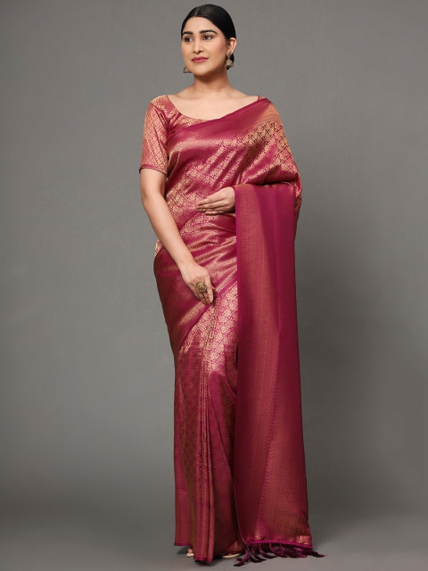 

Ekta Textiles Maroon & Gold-Toned Ethnic Motifs Zari Pure Silk Banarasi Saree