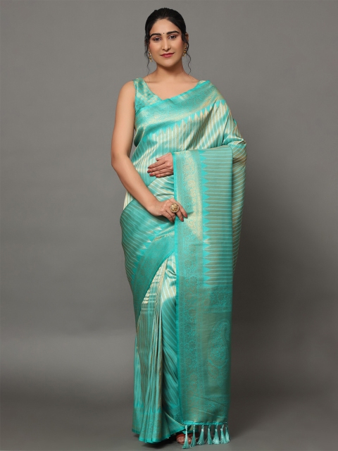 

Ekta Textiles Turquoise Blue & Gold-Toned Paisley Zari Pure Silk Banarasi Saree