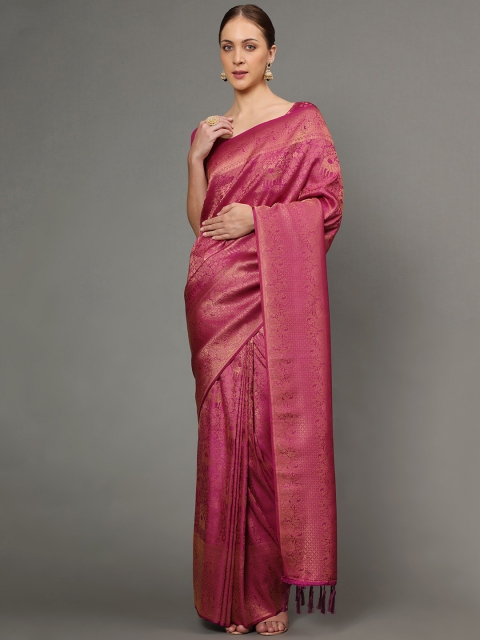 

Ekta Textiles Magenta & Gold-Toned Ethnic Motifs Zari Pure Silk Banarasi Saree