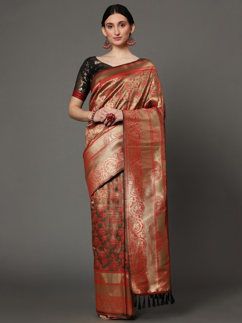 

Ekta Textiles Black & Gold-Toned Ethnic Motifs Zari Pure Silk Banarasi Saree