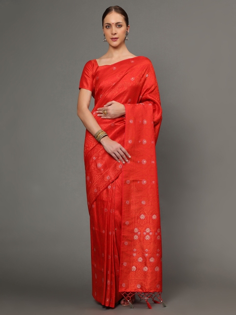 

Ekta Textiles Orange & Gold-Toned Ethnic Motifs Zari Pure Silk Banarasi Saree