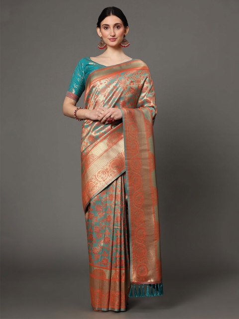 

Ekta Textiles Blue & Orange Ethnic Motifs Zari Pure Silk Banarasi Saree
