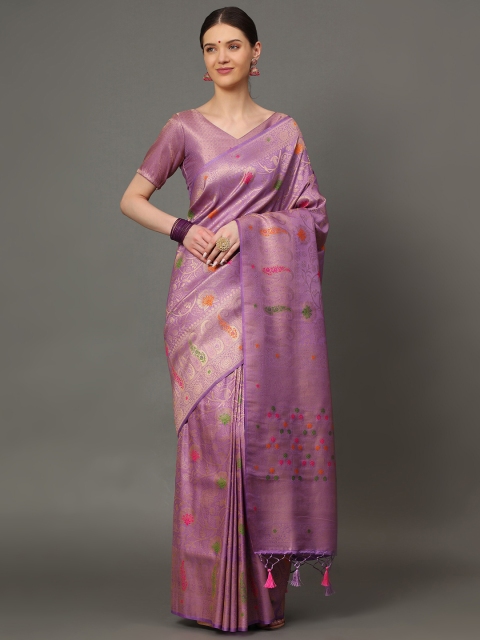 

Ekta Textiles Purple & Gold-Toned Ethnic Motifs Zari Pure Silk Banarasi Saree