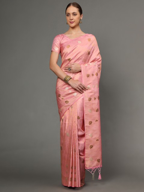 

Ekta Textiles Pink & Gold-Toned Ethnic Motifs Zari Pure Silk Banarasi Saree