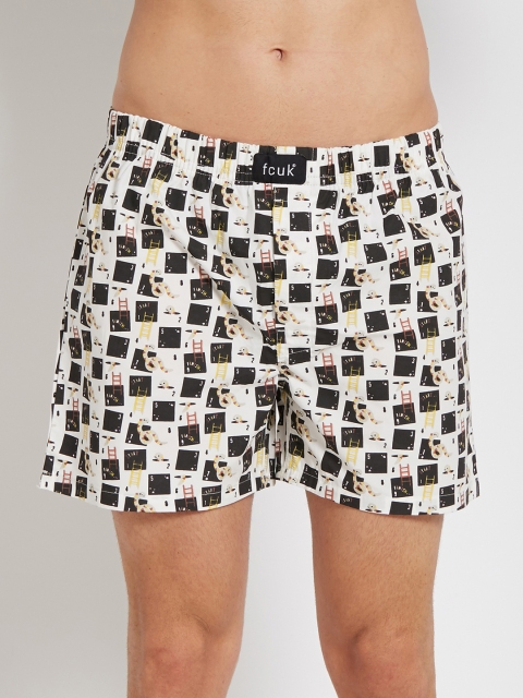 

FCUK Men White & Black Printed Snakes & Ladder Pure Cotton Boxers M3AAM