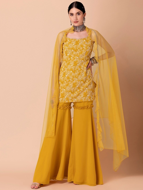 

INDYA X Ridhi Mehra Women Yellow Woven-Design Frilled Sharara Set