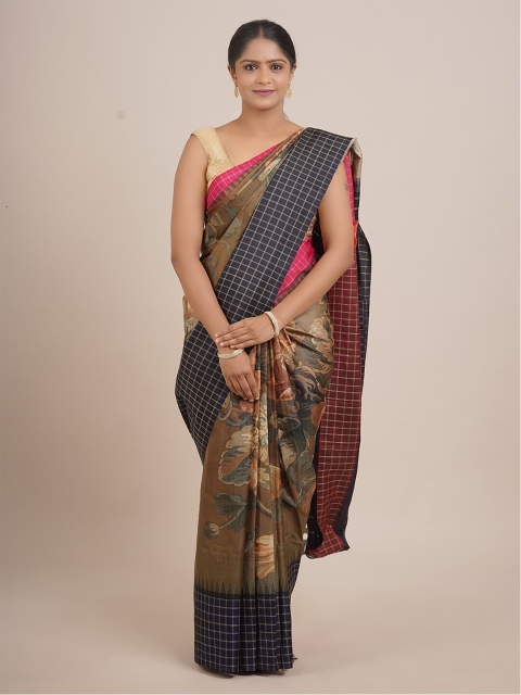 

Pothys Blue & Brown Floral Zari Pure Silk Saree