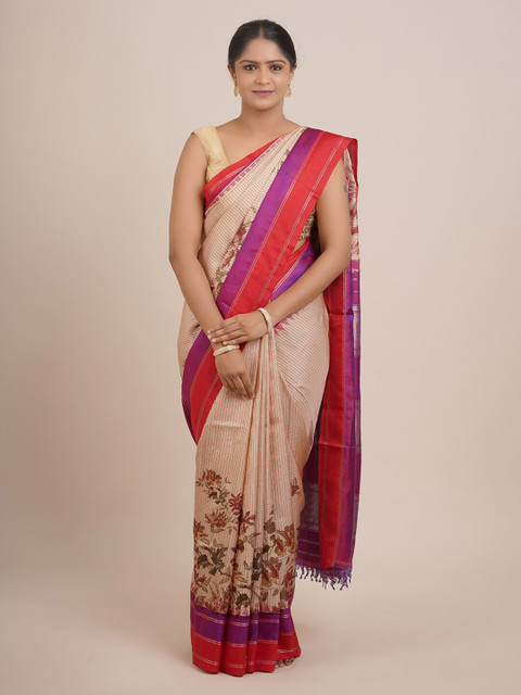 

Pothys Beige & Purple Checked Pure Silk Saree
