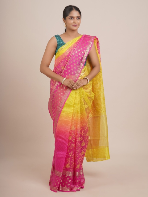 

Pothys Pink & Yellow Floral Zari Kota Silk Saree