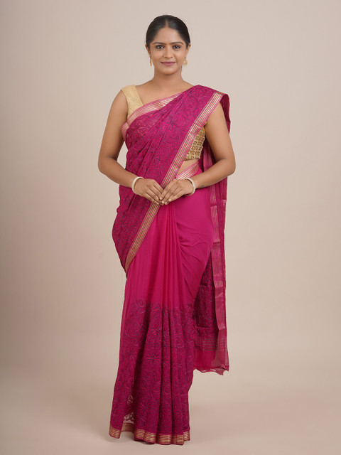 

Pothys Pink & Gold-Toned Floral Embroidered Pure Chiffon Saree