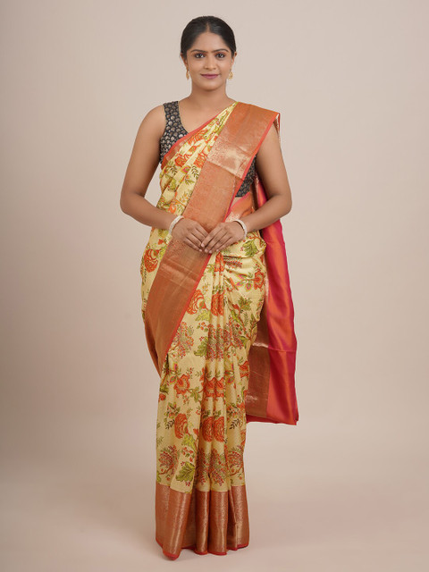 

Pothys Yellow & Orange Floral Pure Silk Saree