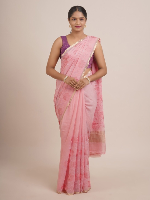 

Pothys Pink & Gold-Toned Floral Zari Pure Chiffon Saree