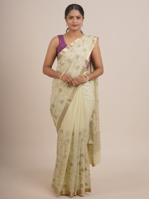 

Pothys Green & Gold-Toned Floral Embroidered Pure Chiffon Saree