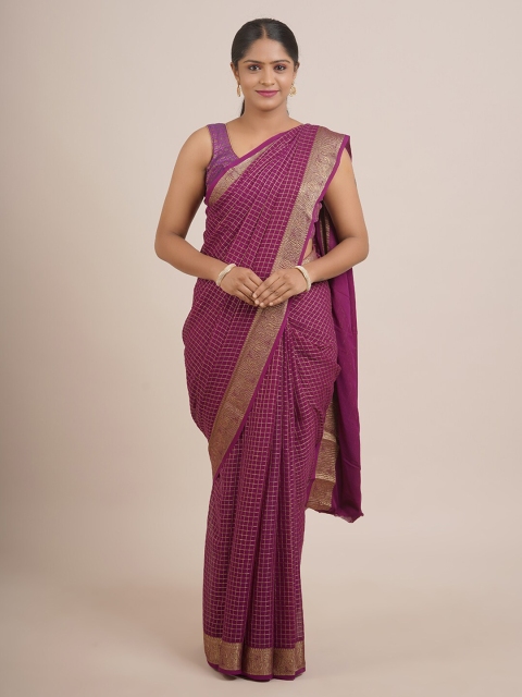 

Pothys Purple & Gold-Toned Checked Zari Pure Georgette Saree