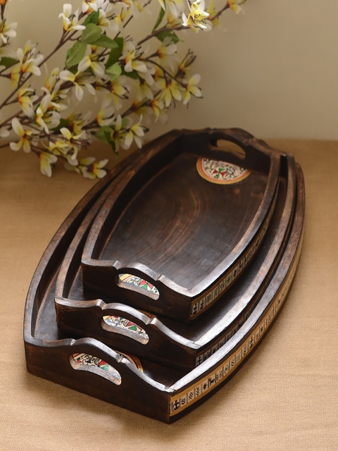 

Unravel India Set of 3 Brown Handpainted Wooden Trays