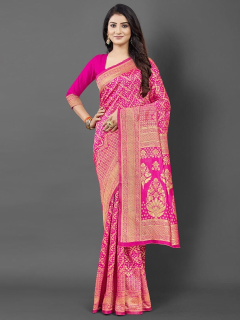 

KALINI Pink & Gold-Toned Ethnic Motifs Zari Silk Blend Banarasi Saree