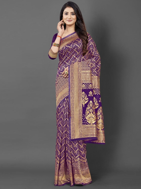

KALINI Purple & Gold-Toned Ethnic Motifs Zari Silk Blend Banarasi Saree