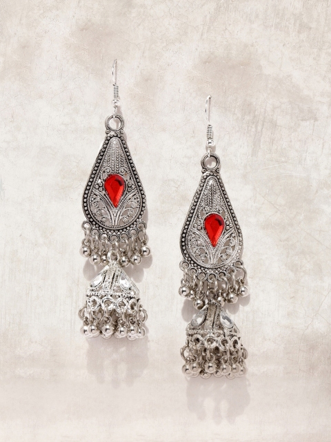 

Anouk Silver-Toned Dome-Shaped Jhumka Drop Earrings
