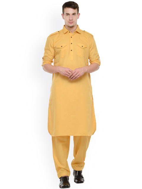 

RG DESIGNERS Men Yellow Solid Pathani Kurta Set