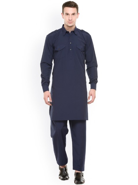 

RG DESIGNERS Men Navy Blue Solid Pathani Kurta Set