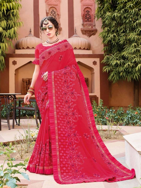 

ODETTE Pink & Purple Floral Embroidered Art Silk Saree
