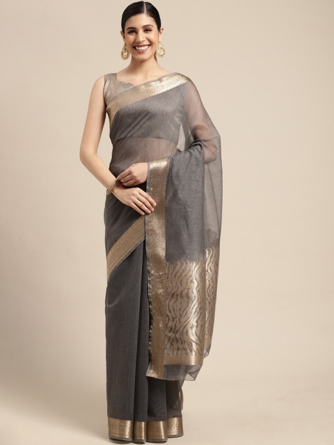

ODETTE Charcoal Grey And Gold Toned Solid Zari Taant Saree