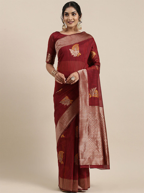 

ODETTE Maroon And Gold Toned Woven Design Zari Banarasi Saree