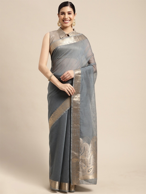 

ODETTE Grey & Gold-Toned Woven Design Zari Saree