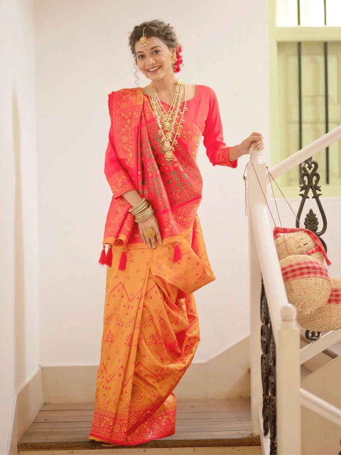 

ODETTE Mustard & Pink Ethnic Motifs Zari Patola Saree