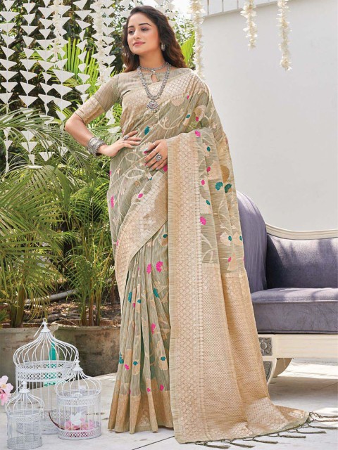 

ODETTE Grey & Gold-Toned Floral Woven Design Zari Saree