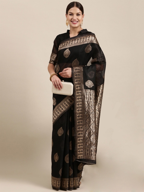

ODETTE Black & Gold-Toned Ethnic Motifs Zari Linen Blend Banarasi Saree