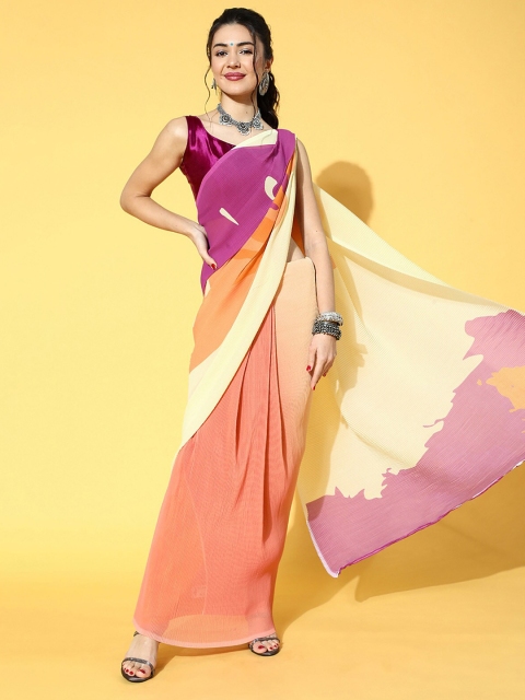 

ODETTE Peach-Coloured & Purple Georgette Printed Saree