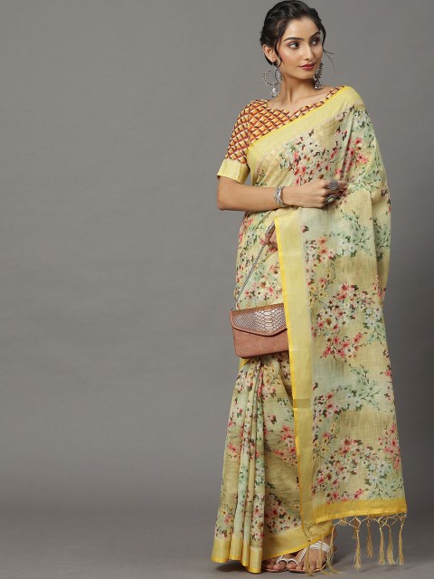 

ODETTE Yellow & Pink Floral Zari Linen Blend Banarasi Saree