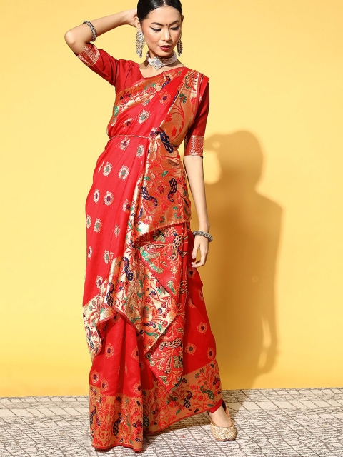 

ODETTE Red & Blue Woven Design Zari Silk Blend Saree