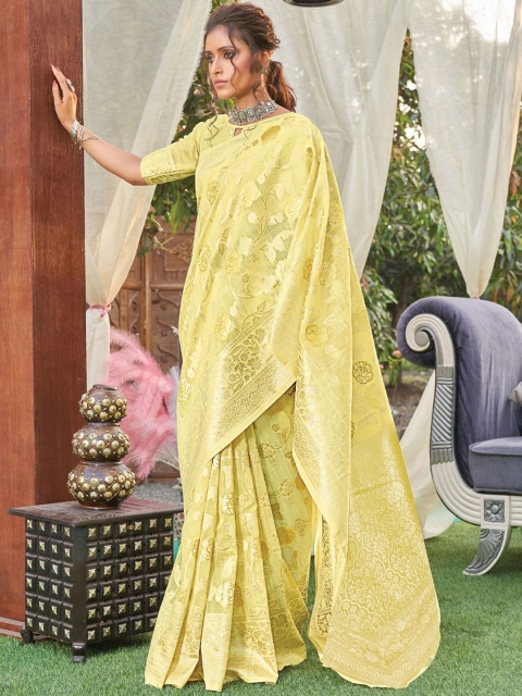 

ODETTE Yellow & Gold-Toned Woven Design Zari Saree