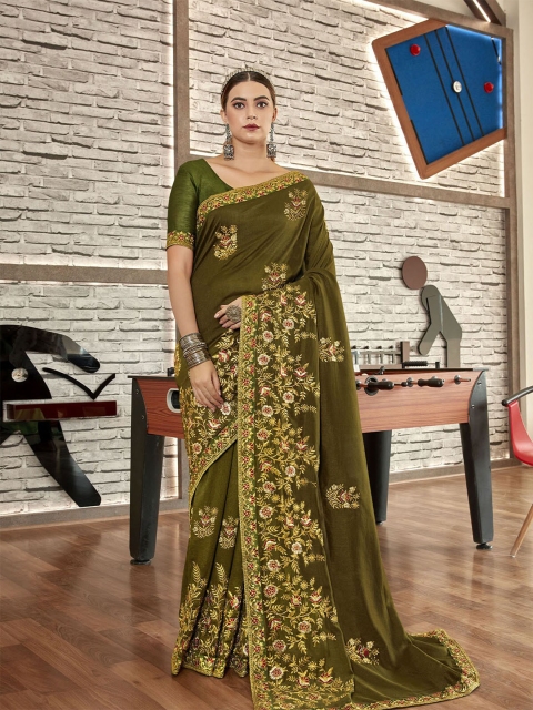 

ODETTE Olive Green Floral Embroidered Art Silk Saree