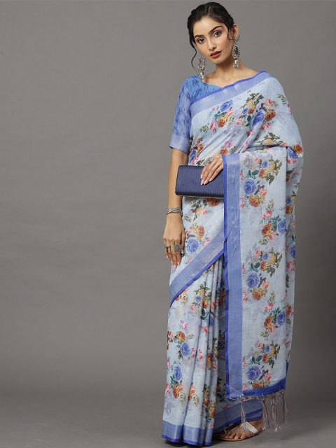 

ODETTE Turquoise Blue & Pink Floral Zari Linen Blend Banarasi Saree