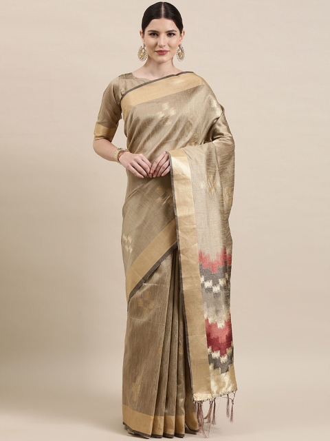 

ODETTE Cream-Coloured & Gold-Toned Zari Silk Cotton Banarasi Saree