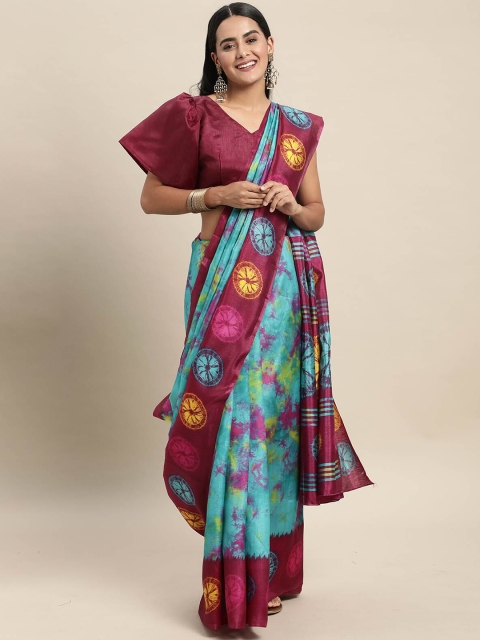 

ODETTE Turquoise Blue & Pink Tie and Dye Silk Blend Saree